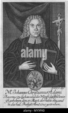 . Johann Christian Adami (1689-1753), Kupferstich, Bild: 144 x 85 mm M[agister] Johannes Christianus Adami Diaconus zu Luckau und des Minist [erii] daselbst Senior, ist gebohren den 17. Mart. des Jahres 1689, und in das Heil. 1715 Predigt-Amt getreten. Vor 1763. [Johann Benjamin] Brühl sc. Lippen [iae] (1691-1763) (Stecher) Johann Benjamin Brühl (1691-1763) Alternative Namen Johann Benjamin Bruehl Beschreibung deutscher Graveur Geburtsdatum / Tod 1691 1763/ 12. Mai 1763 Ort der Geburt / Todes Leipzig Arbeit Standort Leipzig Authority control: Q 17482353 VIAF: 69202969 ISNI: 0000 0001 202 Stockfoto