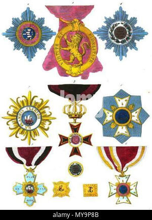 . Français: Sammlung historique des ordres de chevalerie civils et militaires... Englisch: Sammlung historischer Ritterorden zivile und militärische...: 1. Der Goldene Löwe, Grand cross Abzeichen (Hessen-kassel) 2. Der Goldene Löwe, Grand cross Star (Hessen-kassel) 3. Ludwig, Grand cross Abzeichen (Hessen-darmstadt) 4. Ludwig, Grand cross Star (Hessen-darmstadt) 5. Orden des Phönix, kommandeure Stern (Hohenlohe) 6. Orden des Phönix, kommandeure Abzeichen (Hohenlohe) 7. Orden des Phönix, Gewohnheit Stern (Hohenlohe) 8. Orden des Phönix, Ritter Abzeichen (Hohenlohe). 1820 49 Aristide Michel Pro Stockfoto