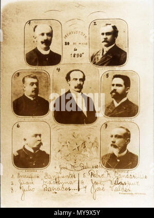 . Español: Retrato del Presidente José Manuel Balmaceda y de los Angemeldet bleiben del Ministerio formado El 20 de Mayo de 1890. 1.- Enrique Salvador Sanfuentes 2.- Juan Mackenna 3.- Julio Espinosa Bañados 4.- José Manuel Balmaceda 5.- Pedro N. Gandarillas 6.- José Velasquez 7.- José Valdes. 1890. Unbekannt 61 Presidente Balmaceda y Ministros Stockfoto