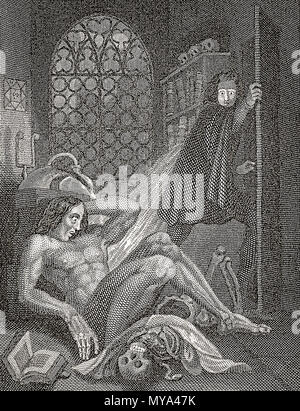 Victor Frankenstein und seinem Geschöpf. Frontispiz von Theodor von Holst, die 1831 Edition von Mary Shelleys Roman Frankenstein oder der moderne Prometheus. Mary Shelley, 1797-1851. Stockfoto