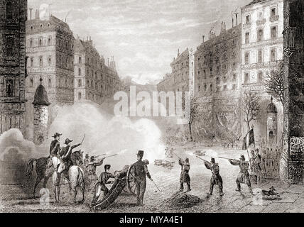 Französische Truppen in den Straßen von Paris, Frankreich, während Prinz Louis-Napoléon Bonaparte den Staatsstreich von 1851. Von Historia de los Crimenes del Despotismo, veröffentlicht 1870. Stockfoto