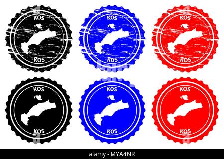 Kos - Stempel - Vektor, Insel Kos (Cos) Karte Muster - Aufkleber - Schwarz, Blau und Rot Stock Vektor