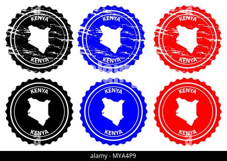 Kenia - Stempel - Vektor, der Republik Kenia Karte Muster - Aufkleber - Schwarz, Blau und Rot Stock Vektor