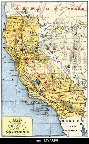 Karte der Eisenbahnen in Kalifornien, 1880. Hand - farbige Holzschnitt Stockfoto