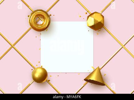 Abstrakte geometrische Hintergrund. 3D-Formen, goldene Farbe Kugel, Torus, Kegel. Kunst Trendy Minimales Design Stock Vektor