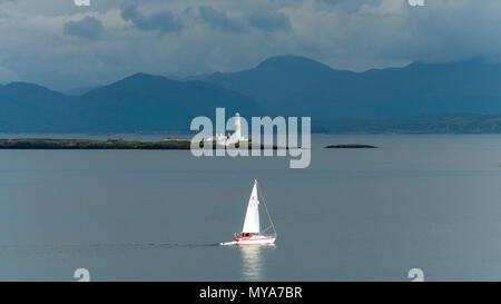 Blick über den Sound of Sleat Kerrera Insel und Oban, zeigt die Lismore Inseln und die Lichter von Lady Rock und Eilean Musdile aus Stockfoto