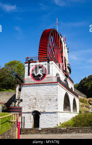 Viktorianische Great Laxey Wheel oder Lady Isabella ist Teil der Minen trail Komplex ist das größte Wasserrad in der Welt. Laxey, die Insel Man, den Britischen Inseln Stockfoto