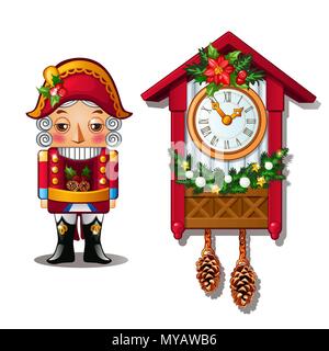 Der Nussknacker und der Antike Kuckucksuhr auf einem weißen Hintergrund. Vector Illustration. Stock Vektor