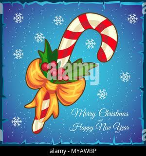 Vorlage Weihnachten Karte. Zuckerstange auf blauem Hintergrund. Vector Illustration. Stock Vektor