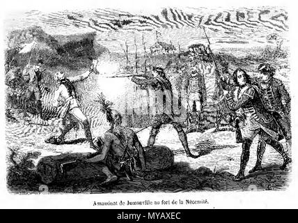 . Englisch: In diesem artist Version des Vorfalls bei Jumonville Glen, die Englische unter dem Kommando von George Washington als Ermordung die wehrlose Französische commander Jumonville in kaltem Blut dargestellt. Zeitgenössischen Darstellungen des Vorfalls sind widersprüchlich; es ist wahrscheinlicher, dass Jumonville war in der Tat von der indischen Führer tomahawked Tanaghrisson während Washington ohne Eingriff beobachtet. 1855. unbekannt Illustrator 52 AssasinatdeJumonville Stockfoto