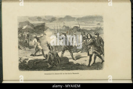 . Englisch: In diesem artist Version des Vorfalls bei Jumonville Glen, die Englische unter dem Kommando von George Washington als Ermordung die wehrlose Französische commander Jumonville in kaltem Blut dargestellt. Zeitgenössischen Darstellungen des Vorfalls sind widersprüchlich; es ist wahrscheinlicher, dass Jumonville war in der Tat von der indischen Führer tomahawked Tanaghrisson während Washington ohne Eingriff beobachtet. 1855. unbekannt Illustrator 52 Assassinat de Jumonville Stockfoto