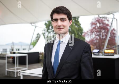 Jack Chambers, Mitglied des Parlaments in der irischen nationalen Parlament und Dublin West Vertreter für die Fianna Fáil Partei, am St. Gallen Symposium 2018, Universität St. Gallen, 3. Mai 2018. | Verwendung weltweit Stockfoto