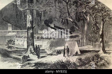 . Englisch: Holzstich, Bayou Navigation in Dixie, Illustration von Harper's Weekly Zeitung von New York vom 11. April 1863 (vordere Abdeckung). Veröffentlicht im April 1863. unsigned Holzstich' aus einer Skizze durch Herrn Theodore R. Davis' 67 Bayou Navigation in Dixie, 1863 Stockfoto