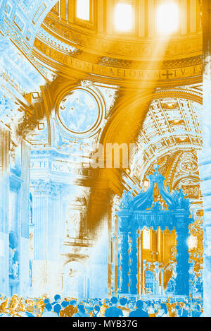 Saint Peter's Basilica, Interieur, Kirchenschiff mit Licht (Dämmerungs- oder Gott Strahlen) von Dome (in PS, duotone gerendert), Vatikan, Rom, Italien Stockfoto