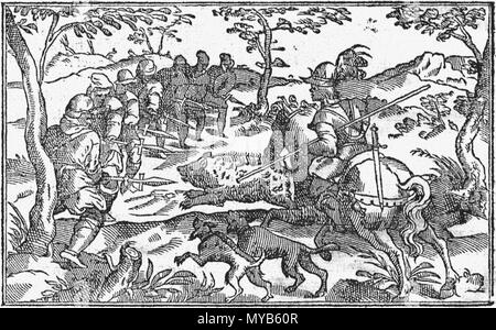 . Nederlands: Zwijnenjacht. Uit: Libro de la Monteria, libro Tercero, fol. 47, verso. 1582. Anonym 78 Wildschwein Jagd Stockfoto