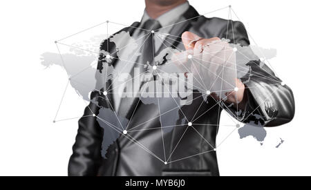 Geschäftsmann, arbeiten mit neuen modernen Computer zeigen soziale Netzwerk-Struktur als Konzept Stockfoto