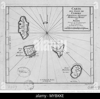 . Français: jacques-nicolas Bellin, (1703-1772), Cartographe. Carte des Isles de Comore Anjouan Mohilla Johanna ou ou Moaly et Mayote, Paris, 1747. Beschreibung matérielle: 1 carte; 25,5 x 29 cm. 28 April 2013, 16:51:59. Jacques-Nicolas Bellin, (1703-1772) 100 Carte des Isles de Comore Anjouan Mohilla Johanna ou ou Moaly et Mayote Bnf 40600530 t Stockfoto