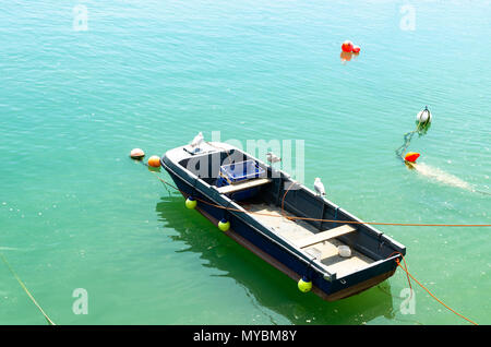 Möwen auf einem Holzboot auf türkisfarbenem Wasser Stockfoto