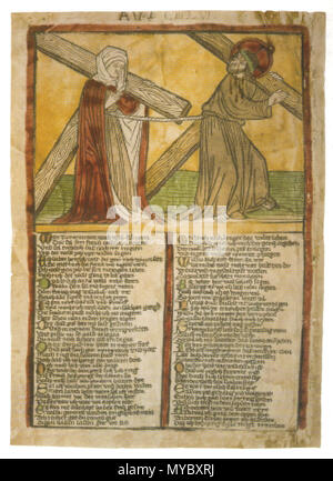 . Christus und die Nonne ihr Kreuz tragend, siehe Schreiber Http://digital.ub.uni-duesseldorf.de/ihd/content/pageview/3556994. 2. Lehrwerk 15. Jh.. Diese Datei fehlt, Informationen zum Autor. 112 Christus Nonne gnm Stockfoto