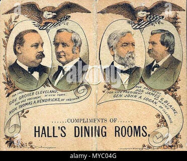 . Englisch: Karte von 1884 Drucken, auf der die Männer, die für Präsident und Vizepräsident - Grover Cleveland & Thomas A. Hendricks und James G. Blaine & John A. Lane lief. 1884. Unbekannt 115 Cleveland v Blaine Stockfoto