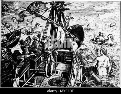 . Englisch: Allegorie auf die Reisen des Christoph Columbus: Die kupferplatte Gravur zeigt Columbus auf seinem Schiff, das in der Nähe der Ufer stehen. Er trägt einen langen Mantel und eine Grundierung, seine Rüstung liegt zu seinen Füßen. Der Standard ist floating Vom fockmast. Hinter ihm, mit Schild und Spieß steht Minerva spenden eine Niederlassung von Laurel nach Columbus. Hinter Minerva ist der Mars. In der Nähe von Mars sind zwei Sirenen. Im Meer sind einige Harpyien. Auf der linken Seite, was Ähnlich der Osten ist, die Sonne über das neue Land gerade entdeckt. Scan Erstellt 11. Dez. 2005, original Anfang des 17. Jahrhunderts. Theodore D Stockfoto