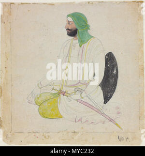 . Englisch: Diese Zeichnung in Tinte auf Papier erfolgt ist leicht in Wagenfarbe lackiert und Termine zu C. 1835-45. Es zeigt eine Sikh Sardar, ein Titel ursprünglich bedeutet "häuptling" oder "häuptling" in Persisch, aber das kam, die routinemäßig für Sikh Männer einer bestimmten Rang verwendet werden. Das Porträt war vermutlich in Lahore und Amritsar, die grossen Städte des Sikh Königreich von Maharaja Ranjit Singh 1801 und die überlebten, bis der Panjab war im Anhang festgelegt, um das Britische Empire im Jahre 1849 getan. Die panjab (wörtlich "fünf Flüsse') wurde später in zwei nach der Teilung des indischen Subkontinents 1947 unterteilt Stockfoto