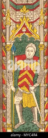 . Čeština: de Clare Graf. 1802. "Eines der Fenster im Chor von Tewkesbury Abbey Church", Radierung und Aquatinta mit hand Färbung, von der Britischen antiquarian Samuel Lysons, von den "eine Sammlung von Gloucestershire Antiquitäten, die von Lysons 1852 veröffentlicht. Fenster zeigt vier Panels mit Ritter, in denen jeweils ein Schwert oder Speer. Das Wappen der de Clare Familie ist sichtbar auf der Ritter. 432 mm x 274 mm. Mit freundlicher Genehmigung des British Museum, London - Samuel Lysons - 1802 134 De Clare Earl Stockfoto