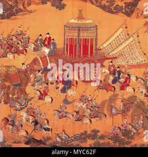 . Von Paludan's Quelle: 'Detail einer Seide blättern, der Ansatz der Kaiser, die den Luxus, in dem die Kaiser Xuande gereist. Elefanten wurden gehalten, die in der kaiserlichen Elefanten Ställe bis um 1900 und wurden häufig für zeremonielle Anlässe, wie Besuche des Kaisers zum Tempel des Himmels verwendet. Hier ist allerdings die große Anzahl der Reiter, die Beförderung des Kaisers schlägt vor, daß der Kaiser war auf eine viel längere Reise in die Landschaft." 中文: 明人畫出警圖. Xuande Herrschaft (1425 - 1435 N.CHR.). Unbekannte Ming Court Artist 138 Detail des Ansatzes der Kaiser Xuande Zeitraum Stockfoto