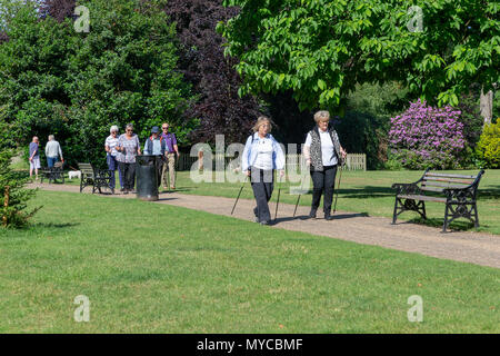 06 Juni 2018 - eine Gruppe von älteren Menschen üben Nordic Walking entlang einem Weg durch die Gärten von Schloss Park, Frodsham, Cheshire, England, Großbritannien Stockfoto