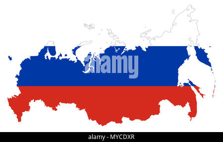 Flagge von Russland im Land Silhouette. Trikolore von drei horizontalen Felder in Weiß, Blau und Rot. Überblick über die Russische Föderation Karte. Stockfoto
