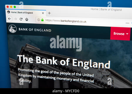 LONDON, UK, 23. Mai 2018: Die Homepage der Offizielle Website der Bank von England - die Zentralbank des Vereinigten Königreichs am 23. Mai 2018. Stockfoto