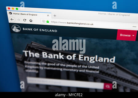 LONDON, UK, 23. Mai 2018: Die Homepage der Offizielle Website der Bank von England - die Zentralbank des Vereinigten Königreichs am 23. Mai 2018. Stockfoto