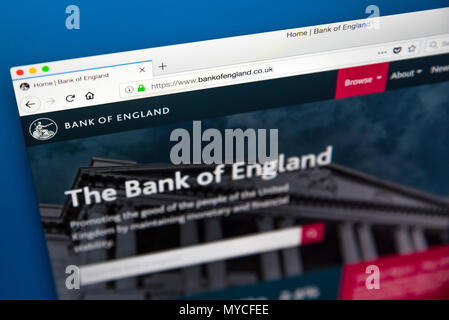 LONDON, UK, 23. Mai 2018: Die Homepage der Offizielle Website der Bank von England - die Zentralbank des Vereinigten Königreichs am 23. Mai 2018. Stockfoto