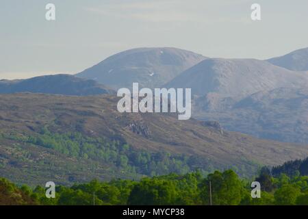 Bergmassiv mit letzten Schneeflecken, jenseits von Scots Pine Forest. Beinn Eighe NNR, Kinlochewe, Schottland, Großbritannien. Stockfoto