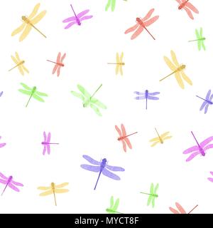 Bunte stilisiertem Dragonfly nahtlose Muster isoliert auf weißem Hintergrund. Insekt strukturiertes Design. Aeschna Viridls Stock Vektor