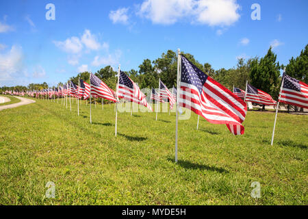 Patriotische Anzeige von mehreren großen amerikanischen Flaggen im Wind während der Ferien. Stockfoto