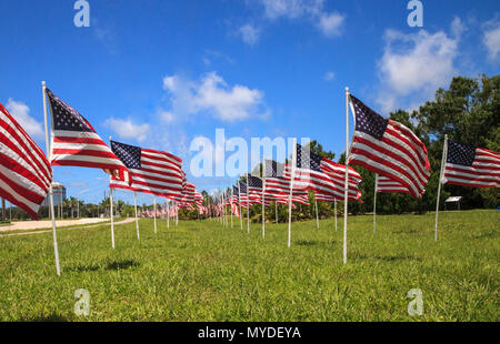 Patriotische Anzeige von mehreren großen amerikanischen Flaggen im Wind während der Ferien. Stockfoto