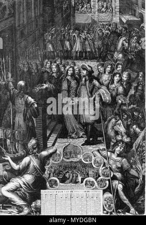 164 Gravur von König Ludwig XIV. von Frankreich in Paris im Jahre 1687 (Almanach Royal) Stockfoto