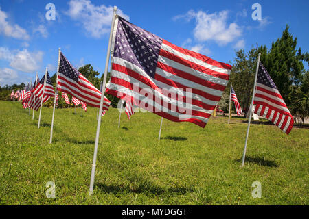 Patriotische Anzeige von mehreren großen amerikanischen Flaggen im Wind während der Ferien. Stockfoto