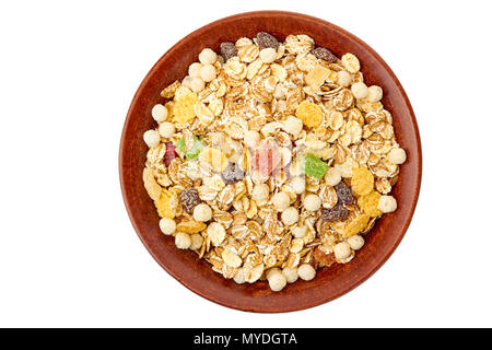 Schüssel Müsli mit Getrocknete exotische Früchte auf Weiß Stockfoto
