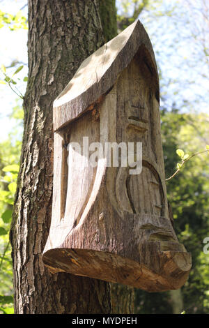 Eine geschnitzte Märchen Haus auf der Seite von einem Baum Stockfoto