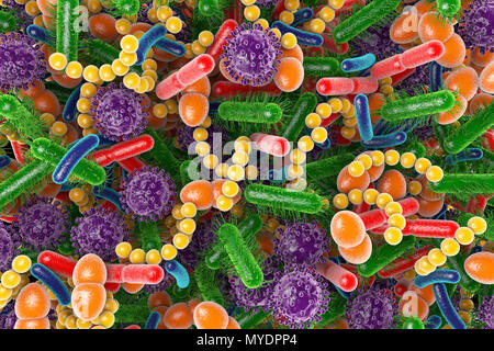 Prinzipdarstellung der menschlichen Mikrobiom Mikroben. Das mikrobiom ist die Sammlung von Mikroben auf und im menschlichen Körper gefunden. Einige der Mikroben helfen uns, gesund und kann es möglich sein, zu übertragen, diese guten Mikroorganismen (Probiotika) von einem Spender auf einen Patienten eine Krankheit zu behandeln. Stockfoto