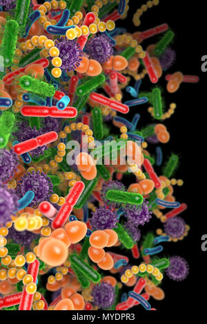 Prinzipdarstellung der menschlichen Mikrobiom Mikroben. Das mikrobiom ist die Sammlung von Mikroben auf und im menschlichen Körper gefunden. Einige der Mikroben helfen uns, gesund und kann es möglich sein, zu übertragen, diese guten Mikroorganismen (Probiotika) von einem Spender auf einen Patienten eine Krankheit zu behandeln. Stockfoto
