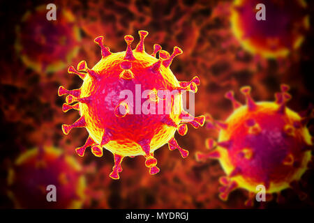 Naher Osten Atemnotsyndrom Coronavirus (MERS-CoV) Partikel (Virionen), computer Abbildung. Früher als neuartiges Coronavirus bekannt, MERS wurde zuerst in Saudi-Arabien im Jahr 2012 identifiziert. Die meisten Leute angesteckt mit MERS entwickeln schwere akute respiratorische Erkrankungen mit Symptomen wie Fieber, Husten und Kurzatmigkeit. Stockfoto