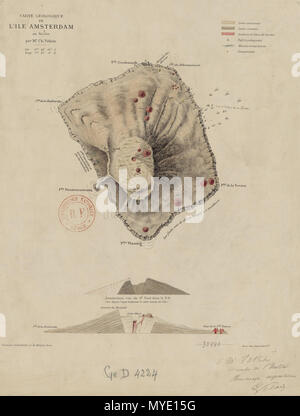 . Nederlands: Een geologische kaart Uit De 19e eeuw van Amsterdam Eiland in de Indische Oceaan, behorend Bij de 'Franse Zuidelijke en Antarctische Gebieden' (Terres Australes et Antarctiques françaises, Taaf). Français: Carte géologique du XIXe siècle de l'île Amsterdam, une Île française située dans le sud de l'Océan Indien, Appartenant aux Terres Australes et Antarctiques françaises (Taaf). Englisch: 19. Jahrhundert geologische Karte von Amsterdam Island, einer französischen Insel im südlichen Indischen Ozean gelegen, gehören zu den Französischen Süd- und Antarktisgebiete (Taaf). Jahrhundert, 2019 unkno Stockfoto
