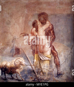 . Q 19967788. Englisch: Fragment einer Wandmalerei mit der Darstellung der cyclop Polyphemus und die Nymphe Galatea sensously Küssen in die Arme der jeweils anderen. Auch sichtbar: Ram, Panflöte, Hirte stick. Pompeji, Haus der Alten Jagd (VII, 4, 48). Esperanto: Fragmento de Mura pentraĵo, Kie oni Vidas la ciklopo Polifemo kaj la nimfo Galatea volupteme ĉirkaŭbrakinta unu La aljan Kaj buŝkisanta. Oni vidas auch virŝafon, pajnan fluton Kaj ŝafistan bastonon. Pompeji, Casa della Caccia Antica (VII, 4, 48). Français: Fragment de peinture murale montrant Le cyclope Polyphème et la Nymphe Galatée s'enlaça Stockfoto