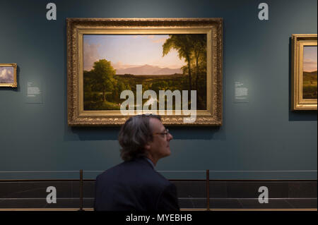 National Gallery, London, UK. 7. Juni, 2018. Thomas Cole: Eden für das Imperium. Die amerikanische Wildnis ist durch die Augen der Britischen gesehen - geborene Thomas Cole (1801 - 1848). Thomas Cole's Arbeit zeigt sich die Natur von ihrer stärksten und schwächsten. Seine Gemälde Herrlichkeit in der einzigartigen Landschaft des amerikanischen Nordostens - weitgehend noch unberührten in seiner Zeit. Bild: Blick auf den Catskill - Anfang Herbst, 1836-37. Durch das Metropolitan Museum der Kunst. Credit: Malcolm Park/Alamy Leben Nachrichten verliehen. Stockfoto