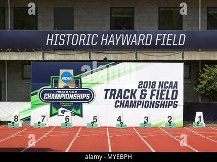 Juni 6, 2018. Hintergrund Der start Linie am 2018 NCAA rack & Feld Meisterschaften am Historischen Hayward Field, Eugene, OR. Larry C. Lawson/CSM Stockfoto