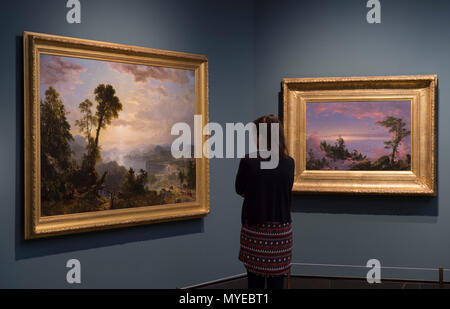National Gallery, London, UK. 7. Juni, 2018. Thomas Cole: Eden für das Imperium. Die amerikanische Wildnis ist durch die Augen der Britischen gesehen - geborene Thomas Cole (1801 - 1848). Thomas Cole's Arbeit zeigt sich die Natur von ihrer stärksten und schwächsten. Seine Gemälde Herrlichkeit in der einzigartigen Landschaft des amerikanischen Nordostens - weitgehend noch unberührten in seiner Zeit - während als Lehrstück über die Nutzung der natürlichen Ressourcen in einer zunehmend industrielle Zeitalter dienen. Credit: Malcolm Park/Alamy Leben Nachrichten. Stockfoto