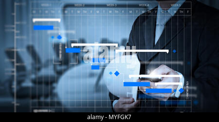 Projekt Manager arbeiten und Aufgaben mit Meilensteinen Fortschritt Planung und Gantt Chart Scheduling Diagramm aktualisieren. Geschäftsmann wird das Arbeiten mit einem digitalen Stockfoto